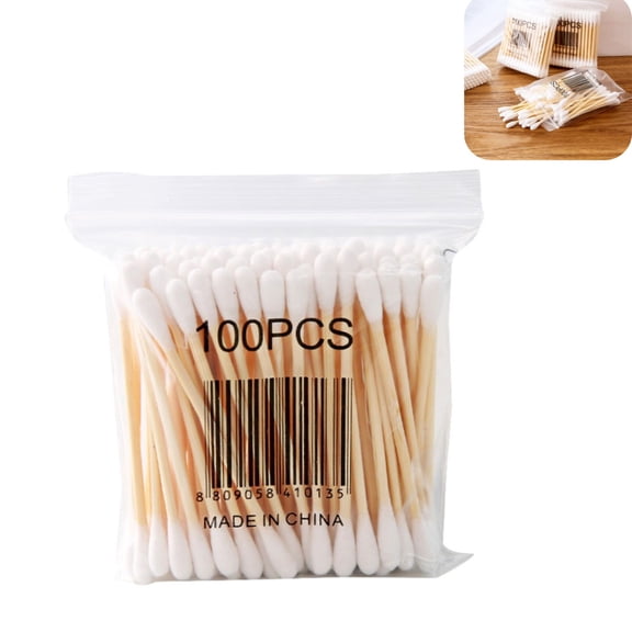 100 Count Wooden Stick Cotton Swabs, Double鈥慣ipped Cosmetic Cotton Buds, Disposable Sanitary Cotton Swabs for Makeup Cleaning Personal Care
