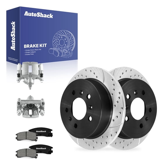 AutoShack Rear Solid Drilled & Slotted E-Coated Brake Rotors   Premium Ceramic Pads   Calipers 8-PC Brake Kit Replacement for 2006-2010 Chevrolet Impala ShadowGuard 10.94" (277.8 mm)