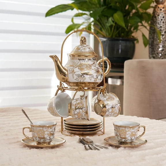 European Style 20pcs Ceramic Coffee Cup & Saucer Set w Rack Spoons GOLD Tea Set