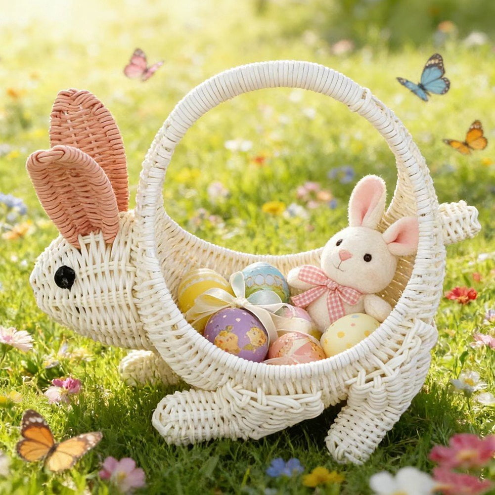 Bunny Shape Woven Basket with Handle Easter Egg Basket Rattan Storage Basket for Fruit Flower Candy and Egg Gathering