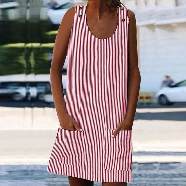 LOVZFMLL Robes Femmes Mode Vacances Été Col Poches Rayé Quotidien Robe d'Été Sans Manches Fête Plage Robe
