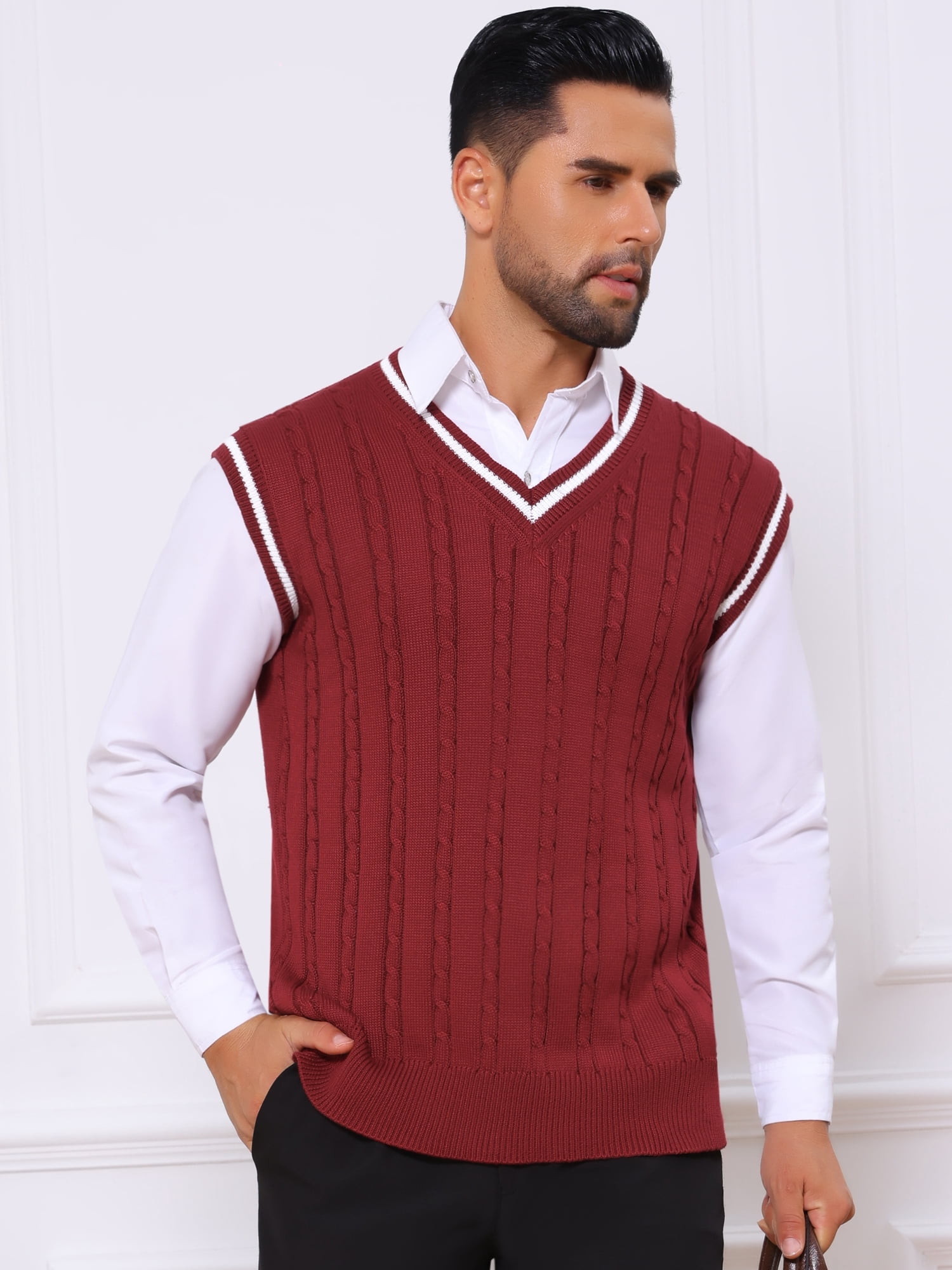 DARING DIVA Men's Solid Color V-Neck Sleeveless Cable Knitted Sweater Vest XL Red
