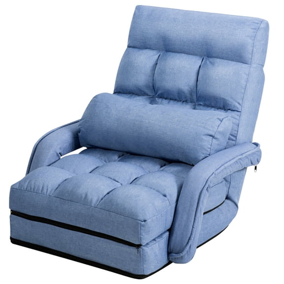 Canddidliike Folding Lazy Floor Chair Sofa with Armrests and Pillow-Blue, Multi-Purpose Chair for Reading, Gaming, TV Viewing, 6 Adjustable Positions, Armrests & Lumbar Pillow