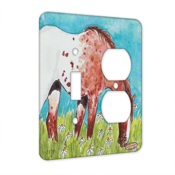 KuzmarK™ 2 Gang Single Toggle / Single Duplex Wall Plate - Snowcap Strawberry Roan Appaloosa with Daisies Horse Art by Denise Every