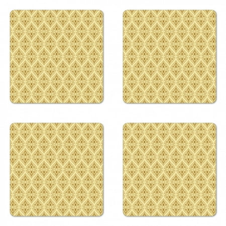 

Damask Coaster Set of 4 Victorian Vintage Royal Ornamental Tiles Middle Age Renaissance Pattern Square Hardboard Gloss Coasters Standard Size Pale Yellow Amber by Ambesonne