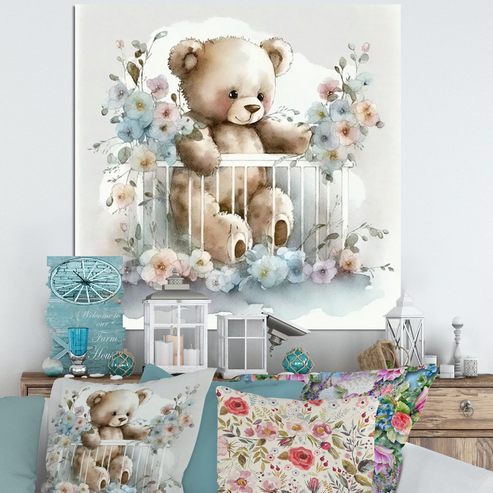 Designart Teddy Bear In Crib With Flowers II Canvas Wall Art