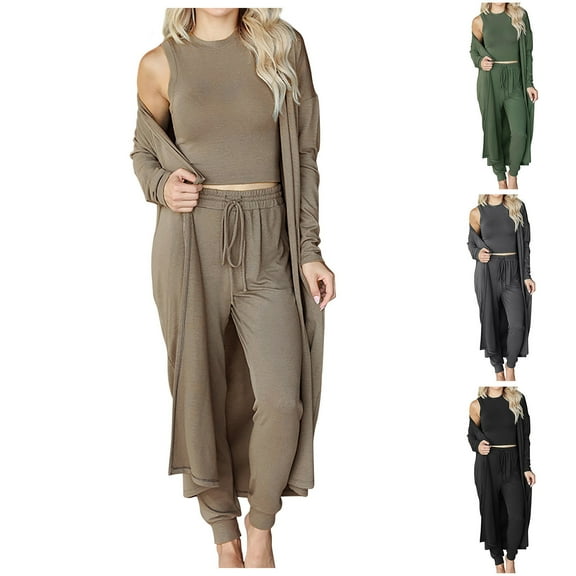 Fashion Two Piece Sets for Women Casual Solid Color Long-Sleeve Cardigan Tank Tops Vest Trouser Sets Presents for Womens