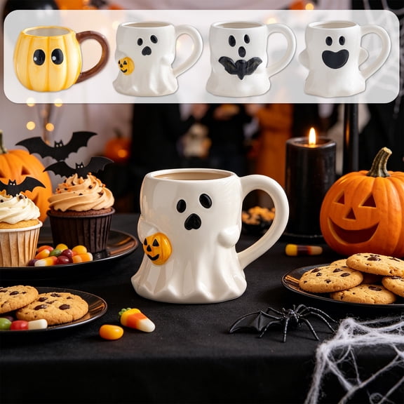 Halloween Relief Coffee Mug, Cute Tea Coffee Mugs, Ceramic Coffee Cups with 3D Embossed Design, Halloween Gifts for Women, Mugs for Halloween Decor Party (White)