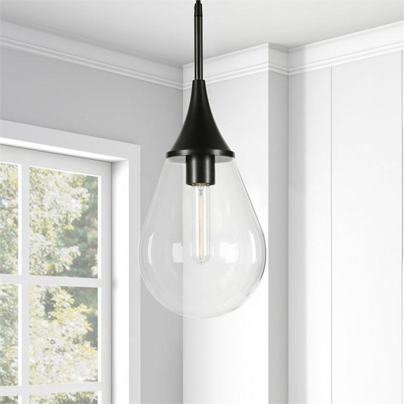 Evelyn&Zoe Ambrose 7.63" Wide Pendant with Glass Shade in Blackened Steel/Clear