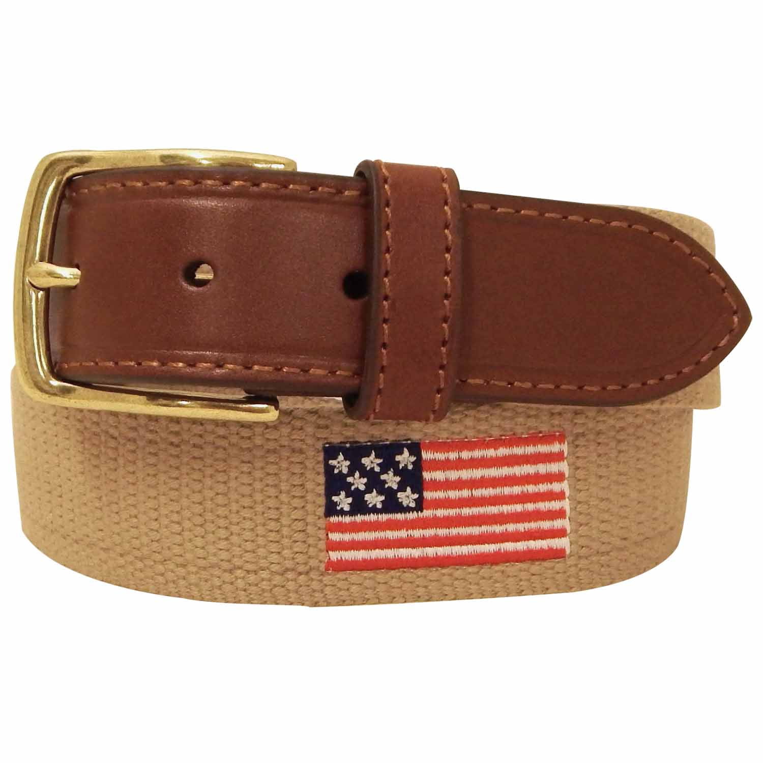 Danbury Mens Khaki Woven American Flag Canvas and Leather Belt (Khaki
