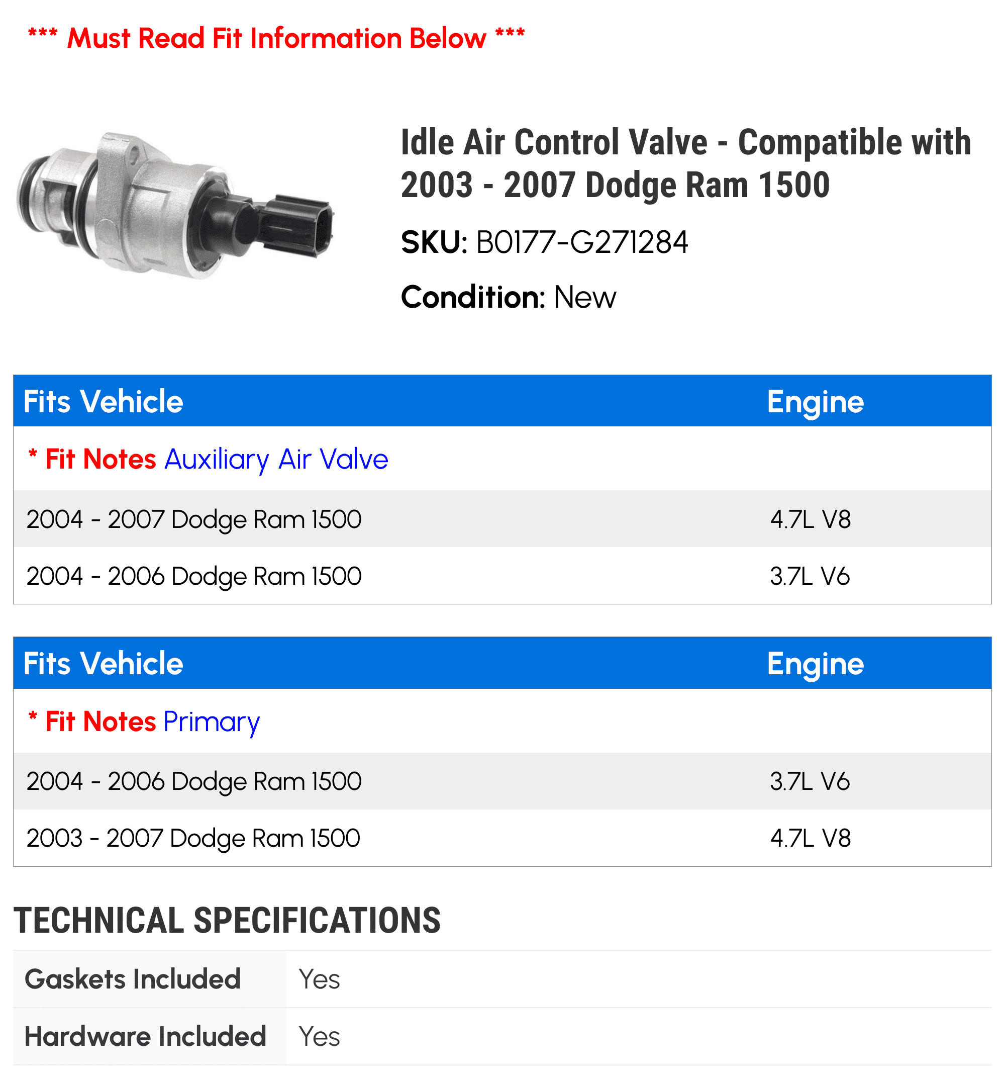Idle Air Control Valve - Compatible with 2003 - 2007 Dodge Ram 1500 2004 2005 2006