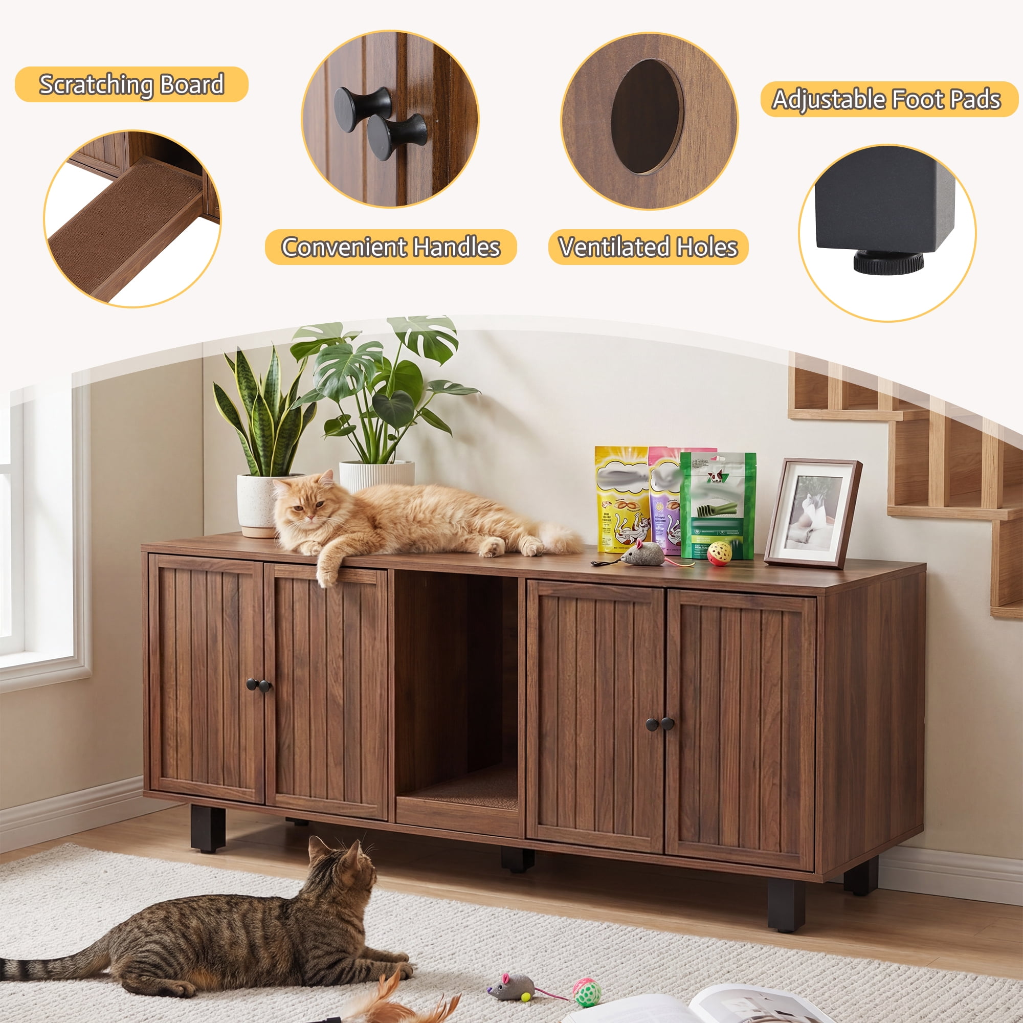 59" Double Cat Litter Box Enclosure Furniture, Hidden Litter Boxes Furniture with Cat Scratch Pad & Wide Access Doors, Versatile as TV Stand or Sideboard in Walnut
