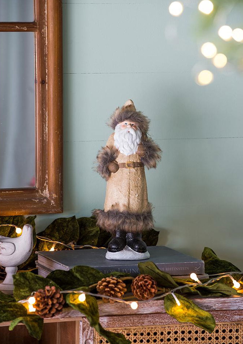 Rustic Terracotta Santa Figurine Christmas Decor Beige Long Coat Santa Statue with Fur Accents Frosted Rock Base Tabletop Mantel Holiday Centerpiece