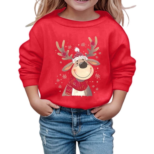 Wdgfv Chandails en Molleton de Noël pour Filles, Chandail à Manches Longues, Col Rond, Décontracté, Doux, pour la Saison des Fêtes, Rouge, 8-9 Ans