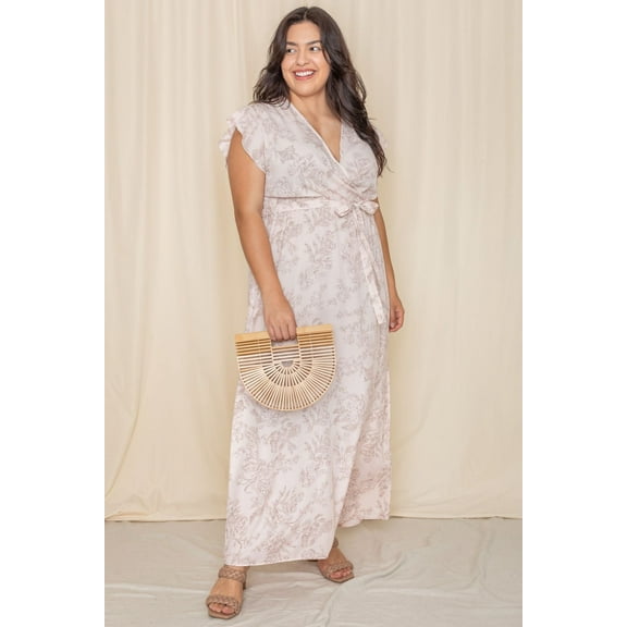 Pastel Pink Floral Line Drawing Flutter Sleeve Surplice Maxi Dress with Sash_Plus