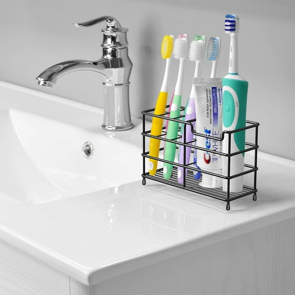 Toothbrush Holder for Shower, Stainless Steel Tooth Brush Storage Stand Rack, Wallmount/Countertop 7 Slot Organizer Compatible with Colgate Extra Clean, Oral-B CrossAction (Black)