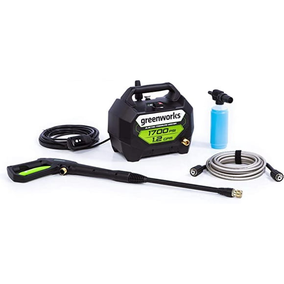 Greenworks 1700 PSI 1.2 GPM Cold Water Electric Pressure Washer, High Pressure Hose, Turbo and 40° Nozzles & Soap Applicator