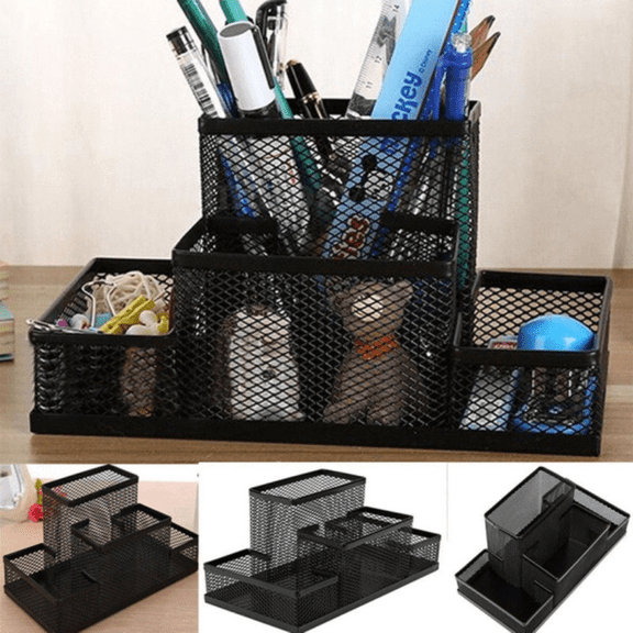 Metal Mesh Desk Organizer, Multi-Compartment Pencil Pen Holder Storage Box for Home Office, Black
