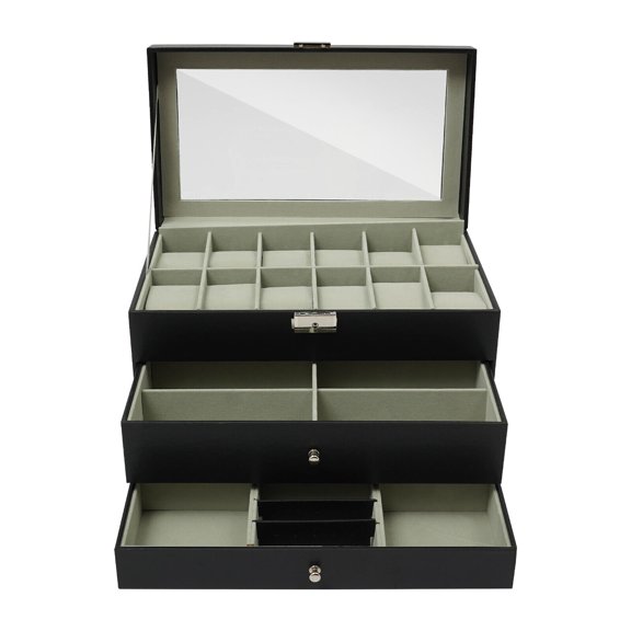 3-Tier Jewelry Organizer Box - Premium Density Board Watch & Jewelry Storage Case with Adjustable Compartments for Rings, Necklaces, Earrings - Stylish Display & Travel-Friendly Design