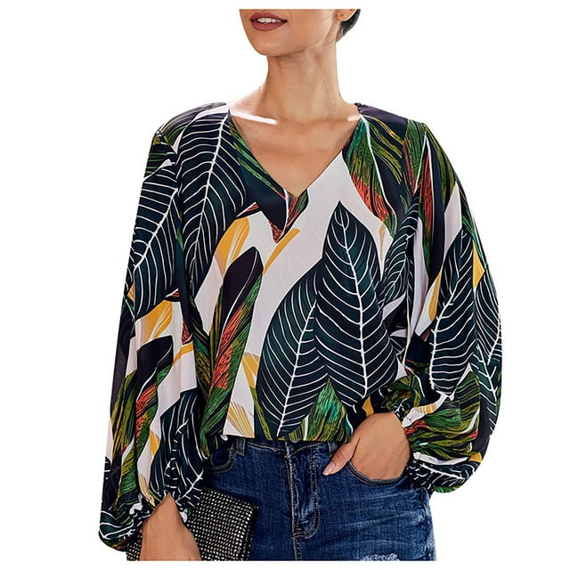 Pompotops Mode Dames Décontracté Manches Longues Col en V Blouse Femme T-Shirt Imprimé