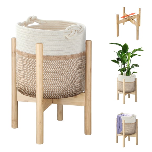 ZYWEICH Flower Pot Rattan Plant Stand Planter with Stand, Tall Indoor Boho Woven Wicker Storage Basket with Adjustable Wood Shelf