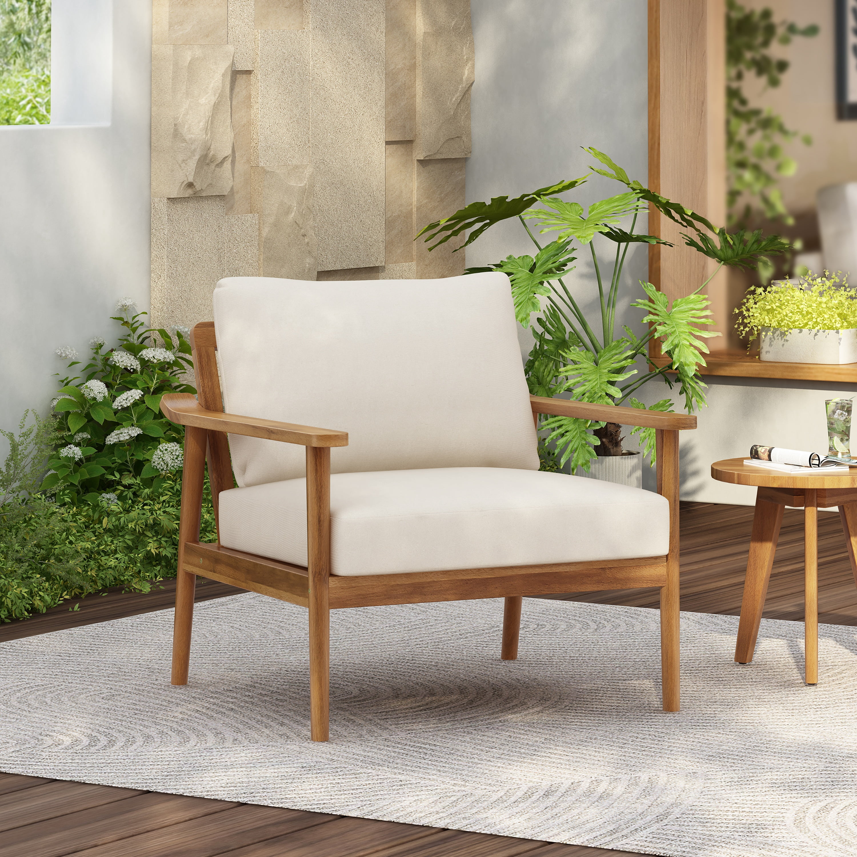 Mid-Century Lounge Chair, 30.5 Inch Outdoor Chair with Cushions for Patio Garden, Teak and Cream