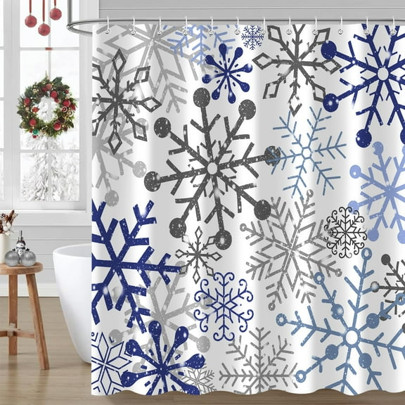 Blue Gray Christmas Snowflake Shower Curtain, Xmas New Year Flakes Holiday Fabric Shower Curtains for Bathroom Decor Polyester Waterproof Set with 12 Hooks, 72x72 inches
