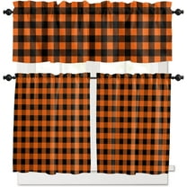 Kitchen Curtains and Valances Set, Rustic Orange and Black Buffalo Plaid Rod Pocket Window Valance 18 Inch Window Curtain Panels for Living Room Bedroom Laundry, 27.5x24in, 3 Pieces