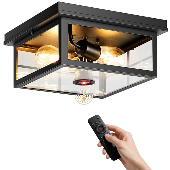 VIANIS Motion Sensor Outdoor Ceiling Light with Remote Control, Adjustable Distance Time Flush Mount Porch Ceiling Light for Garage,Porch, Entryway, 5 Modes, Black, Tempered Glass, Square