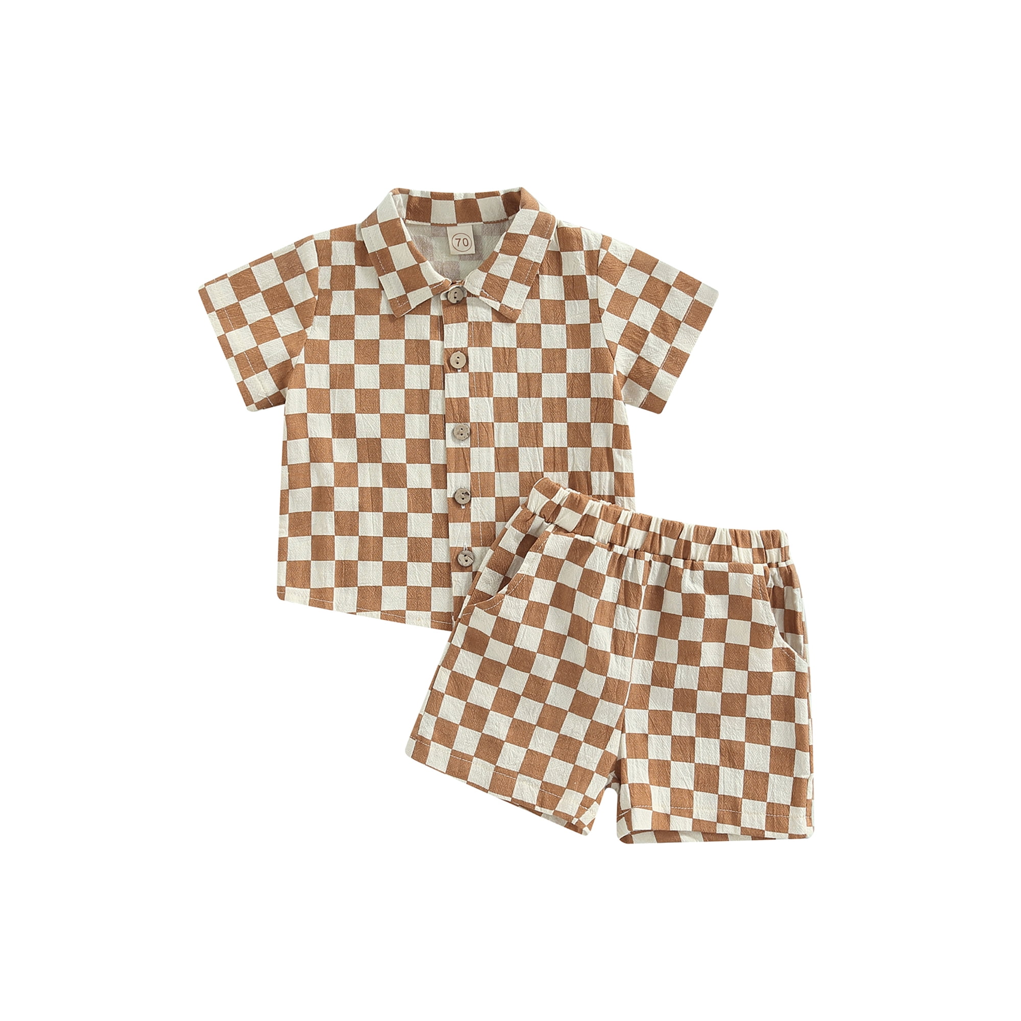 Gupgi Baby Boy Brown Plaid Outfits Set, Summer Short Sleeve Button Down T-Shirts Shorts 2pcs Set 0-24 Months Brown 6-12 Months
