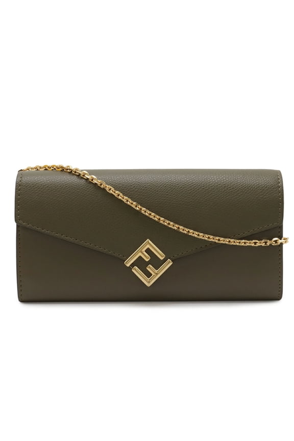 Pre-Owned FENDI FF Diamond Wallet Chain Long Clutch Bag Pochette Leather Greige 8M0365