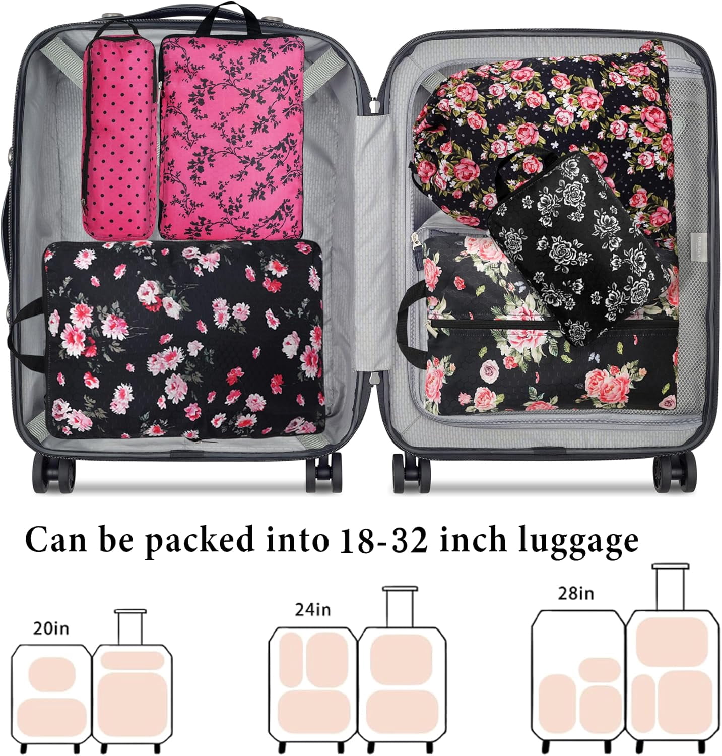 Compression Packing Cubes for Suitcases, 6 Set Travel Luggage Organizer Bags, Lightweight Waterproof Smell Proof Black Floral Packing Cubes as Travel Accessories for Women