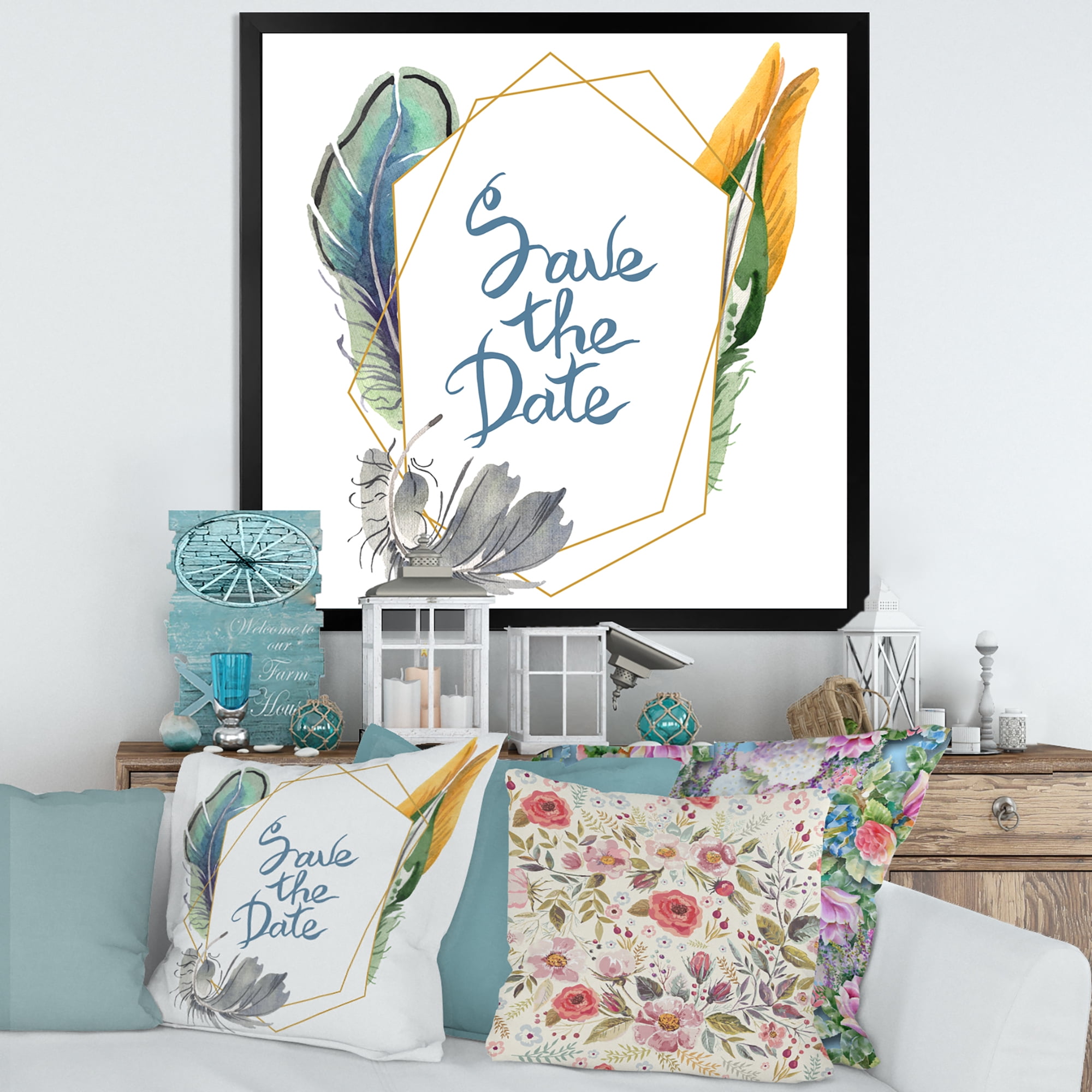 Designart 'Save The Date Bird Blue Feather' Bohemian & Eclectic Framed Art Print