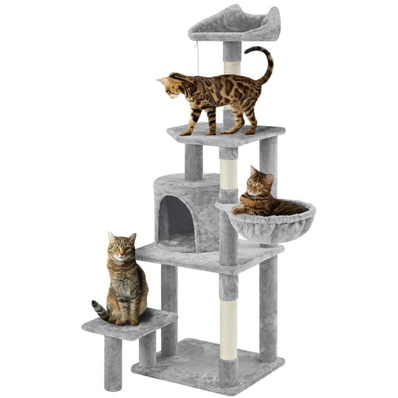 Yaheetech 57.1'' Deluxe Multilevel Cat Tower with Perch and Basket, Light Gray