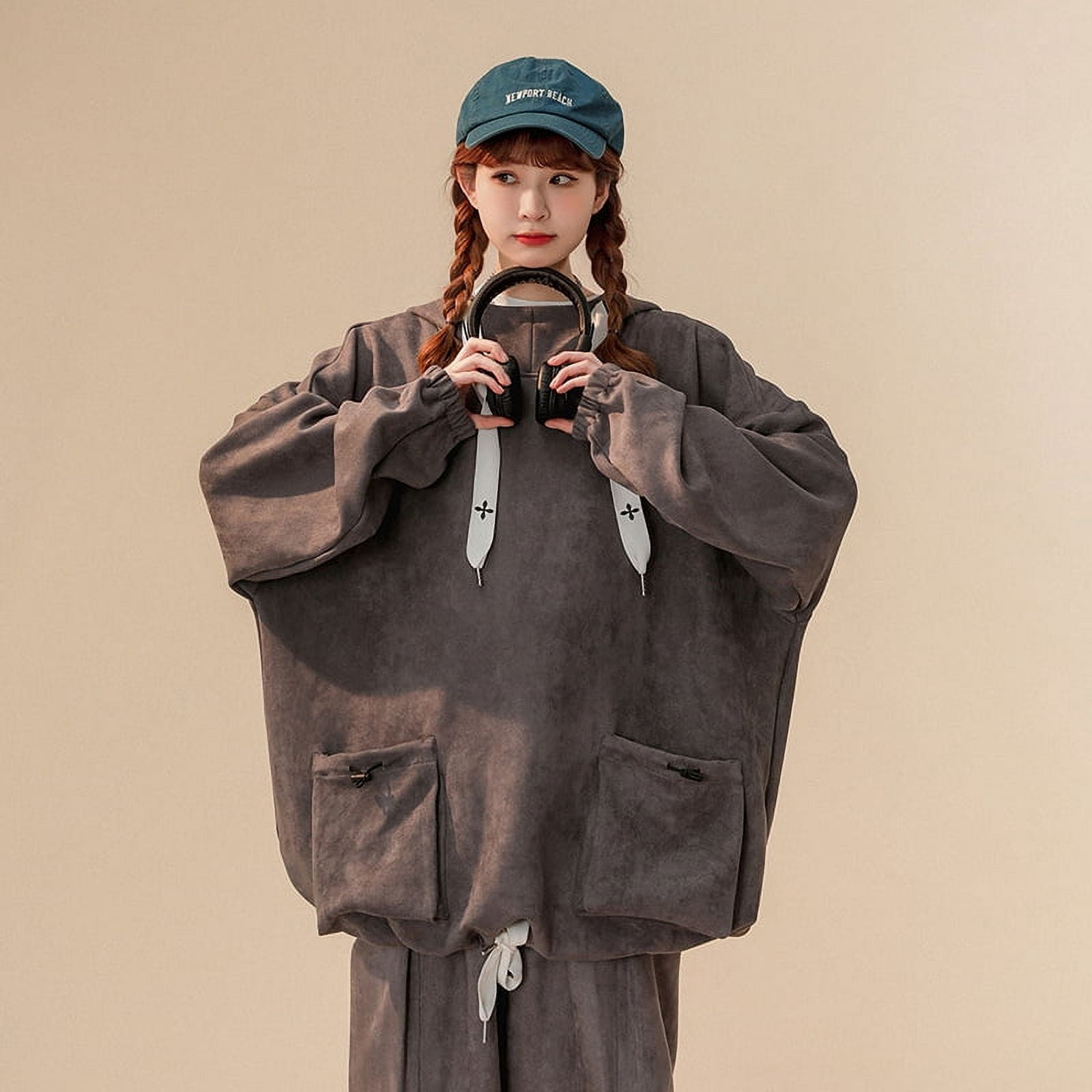 Suede Hooded Sweatshirt Suit For Women, Unisex Workwear Sweatshirt Suit For Men Khaki M