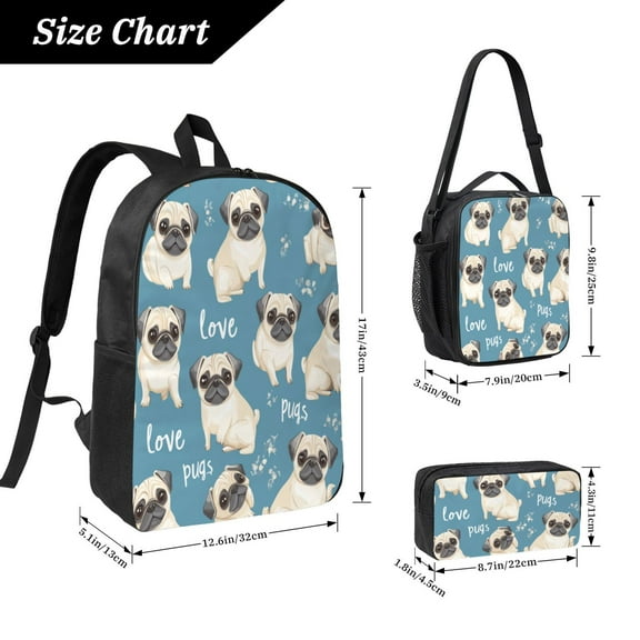 Cute Pug Dog Printed Backpack 17 Inch Set with Lunch Bag and CaseDurableTravel Bag Combo for Work Commuting Daily Use