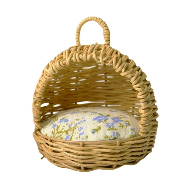 Cesta de casa de muñecas para gatos, decoración de ratán, accesorios artesanales para casa de muñecas a 1/6 marrón claro