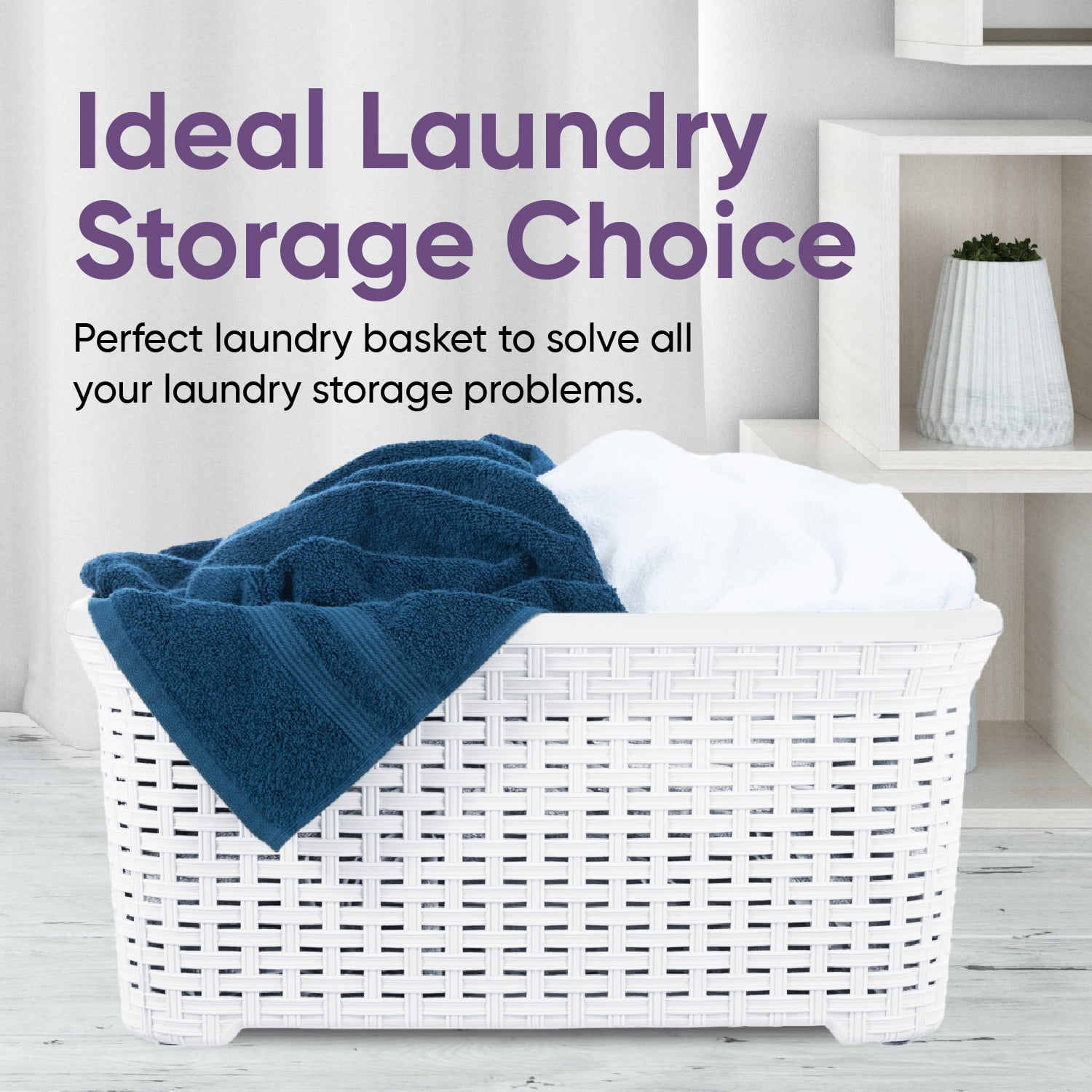 Superio Laundry Basket, Laundry Hamper, 50-liter wicker style basket with cutout handles, to storage dirty clothes, in washroom, or bedroom, white.