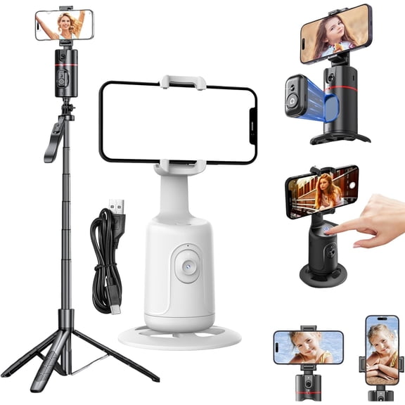 Smart AI Facial Recognition Phone Tripod, Smart Ai Facial 360 Face Tracking Tripod, 360° Pan & Tilt, Panoramic Tracking & Stabilization for Home & Outdoor Use (White, with Tripod)