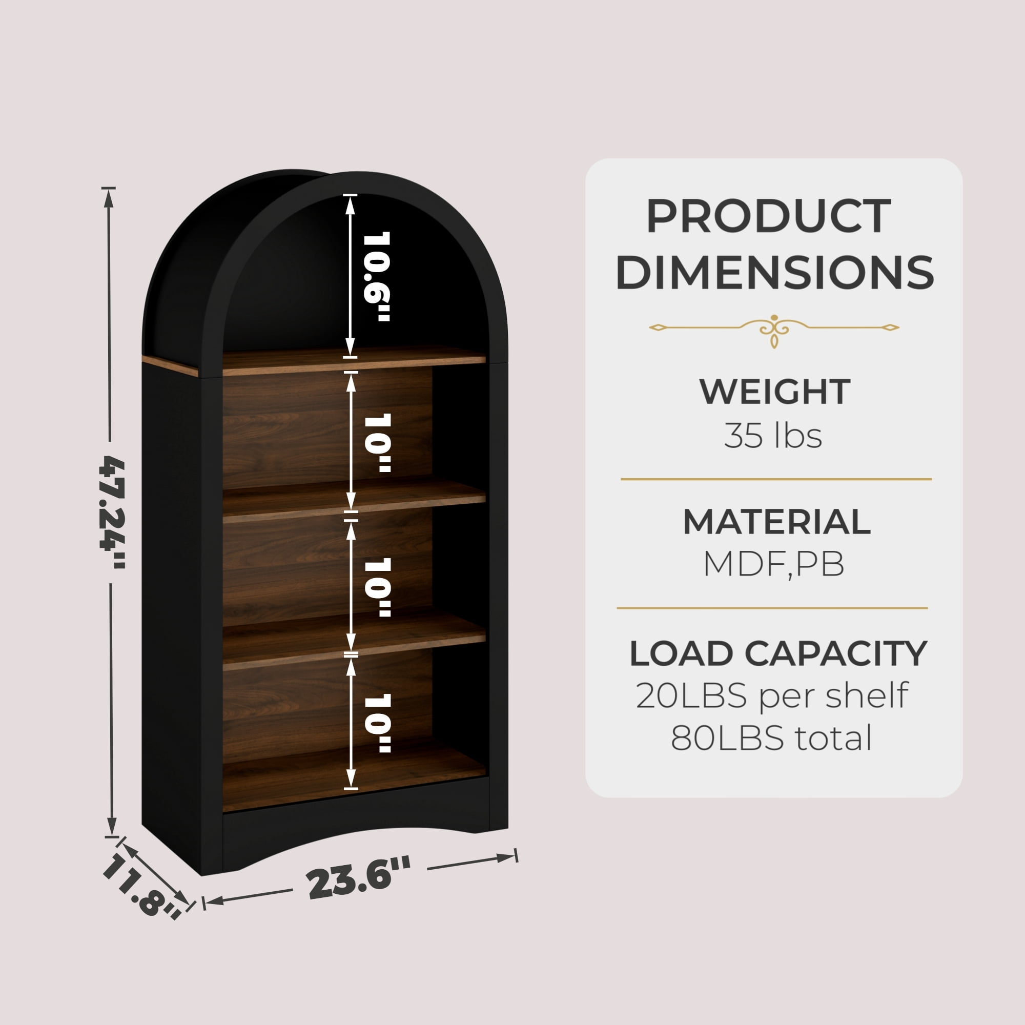 47" Freestanding Display Rack with Woodgrain Shelves, Arched Storage Cabinet, 4-Tier Open Shelf, Small Space Accent Bookcase for Living Room, Bedroom, Entryway