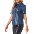 thumbnail image 4 of CAMISA DE CUERO PU INSPIRE CHIC CON BOTONES PARA MUJERES, BLUSA DE MANGA CORTA CON COLLAR, CHAQUETA, TOP DE FIESTA Y CLUB, TAMAÑO L AZUL, 4 of 5