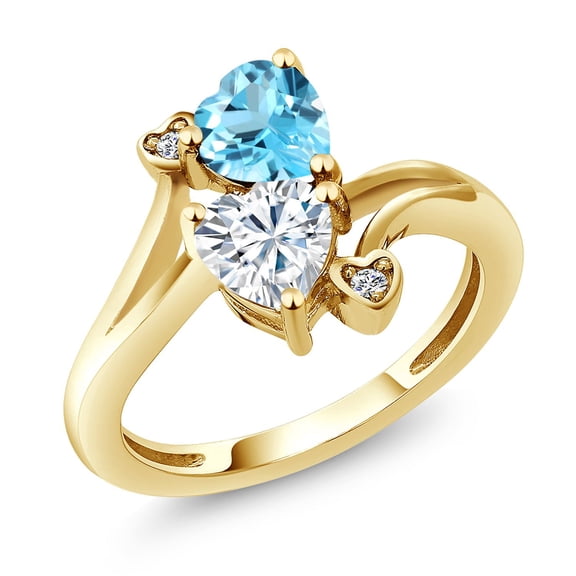 Gem Stone King 18K Yellow Gold Plated Silver Swiss Blue Topaz White Moissanite and White Diamond Ring for Women (1.78 Cttw, Heart Shape 6MM, Gemstone November Birthstone, Size 6)