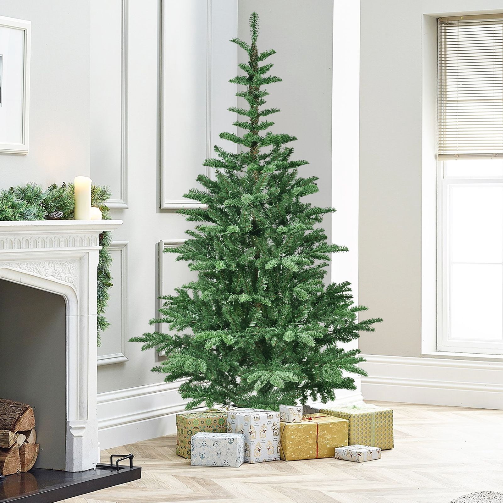 7Ft Christmas Tree, Prelit Green spruce Artificial Tree, 941 Lifelike PE&PVC Mixed Tips , 400 LED Lights