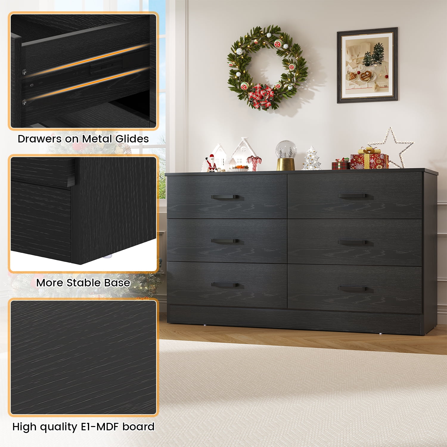 Winkalon 6 Drawer Black Double Dresser,Wood Storage Cabinet with Easy Pull Out Handles for Living Room,Chest of Drawers for Bedroom