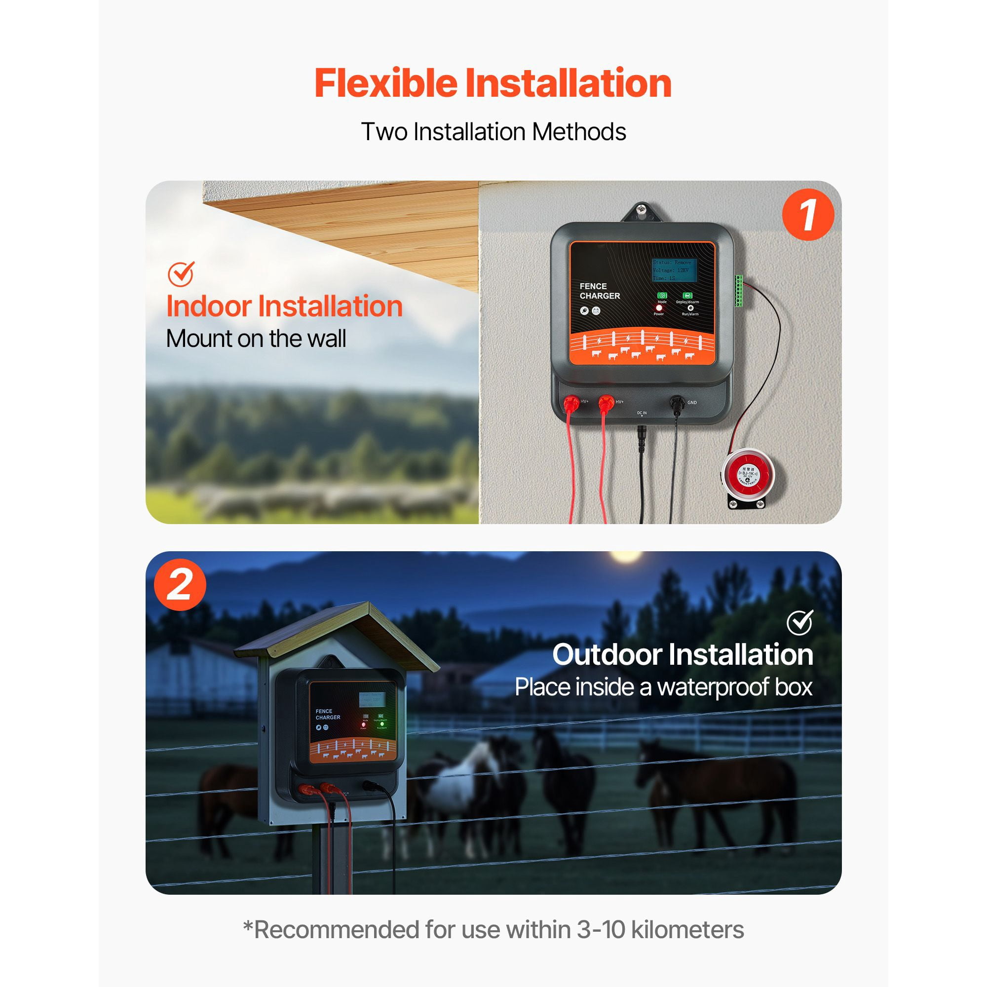 Electric Fence Charger 8/10/12kV 2/3/5J Adjustable Alarm System IP65 3-10km for Livestock Wildlife