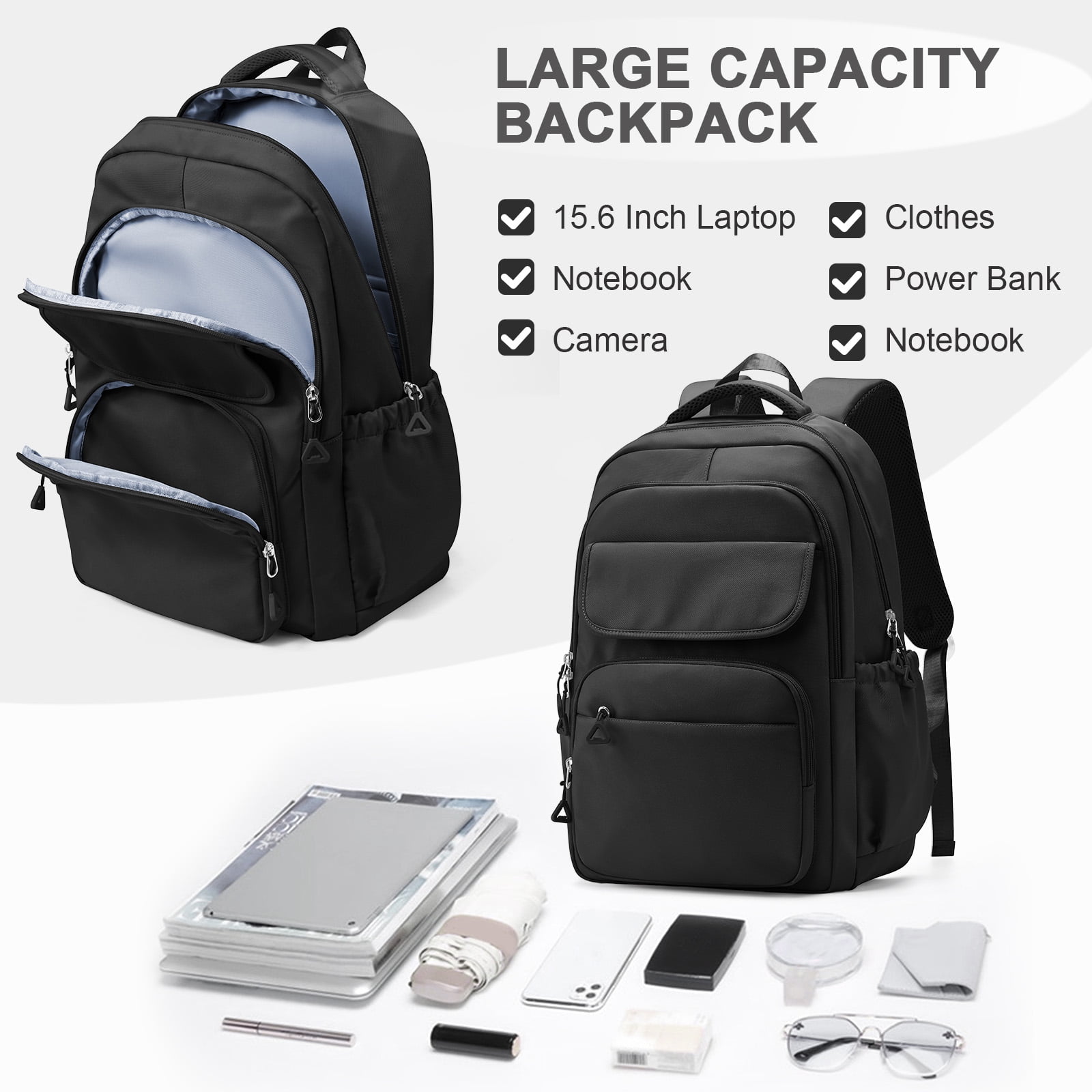 Cute Backpack for Women Men, Waterproof High School Bag Basic Backpack for College Students, Travel Laptop Backpack Lightweight Casual Daypack, Middle School Bookbag, Black