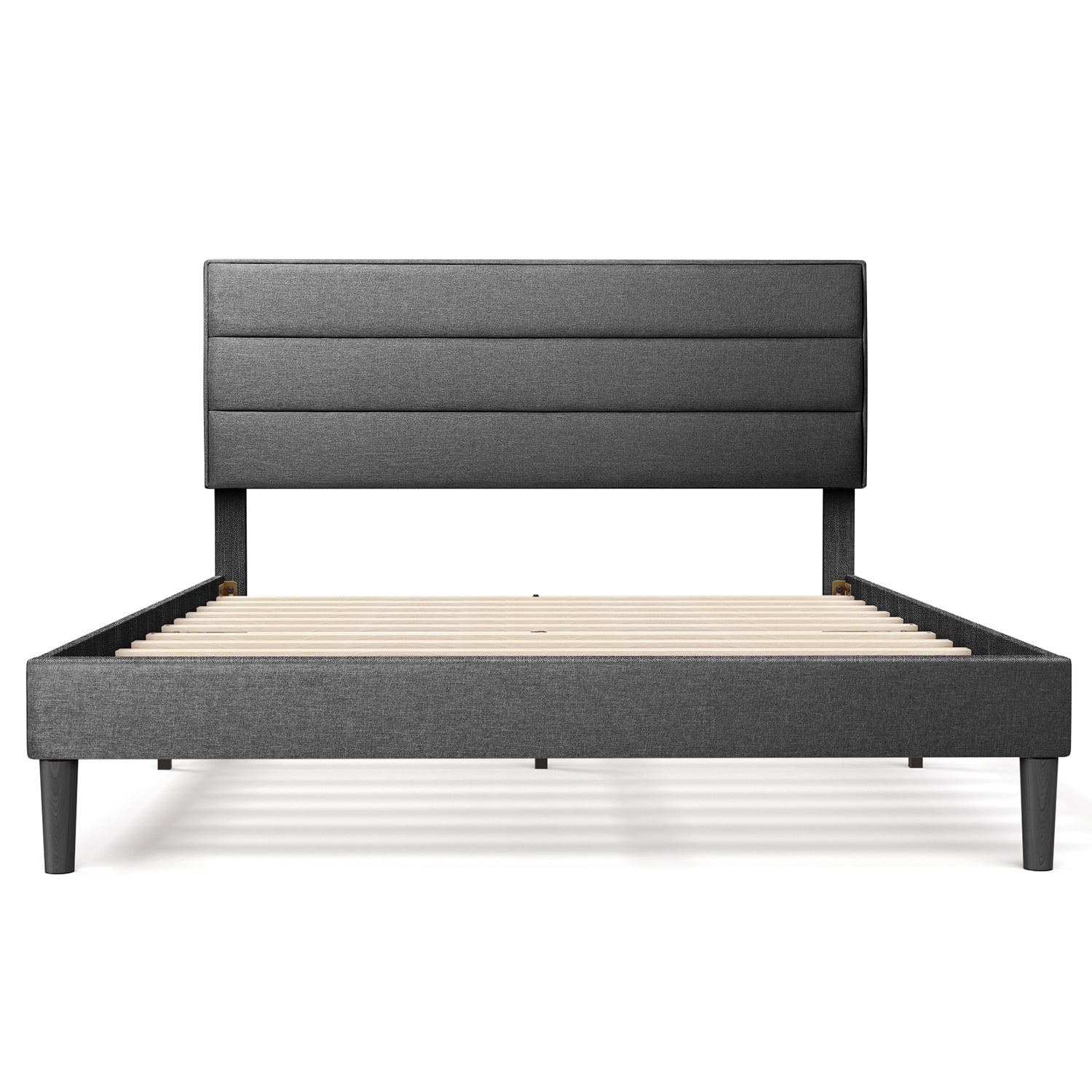 King Size Bed Frame Modern Horizontal Panel Upholstered Low Profile Platform with Tufted Headboard/No Box Spring Needed/No Bed Skirt Needed/Linen Fabric Upholstery, Grey