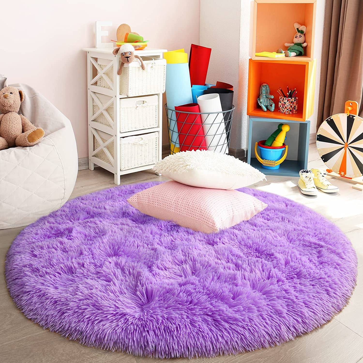 Round Small Carpet,Not-Slip Floor Mat Area Rug for Kids Girl Bedroom Study  Room,Fluffy Soft Area Rugs Home Decor-Corrugated Diameter100cm(39inch)