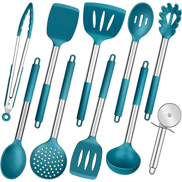 Walchoice 10 Pieces Kitchen Utensils Set, Dark Blue Silicone Cooking Utensils with Stainless