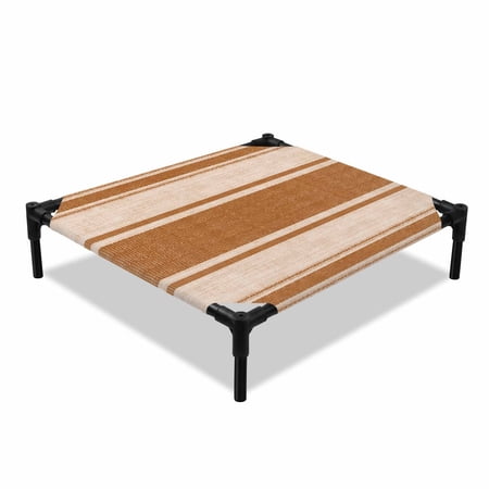 Orange Stripes Elevated Dog Bed Khaki Center Band Linen Texture Rustic Vintage Cooling Breathable Outdoor Raised Dog Cot Bed with Metal Frame Non-Slip Feet for Small Dog 20x20in